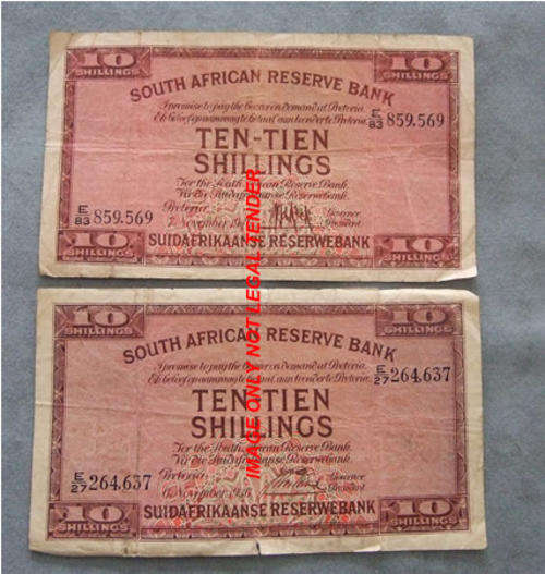 10 Shilling MH De Kock & J Postmust 1936 & 1946
