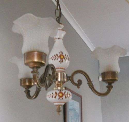 CHARMING THREE ARMED BRASS AND PORCELAIN CHANDELIER