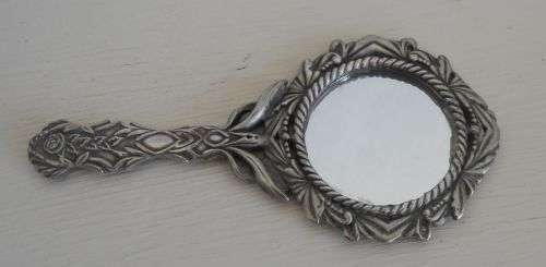 ORNATE, SMALL SILVER PLATED HAND MIRROR