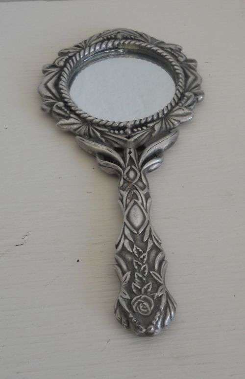 ORNATE, SMALL SILVER PLATED HAND MIRROR