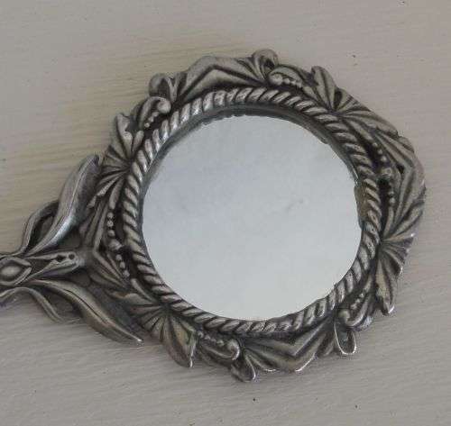 ORNATE, SMALL SILVER PLATED HAND MIRROR