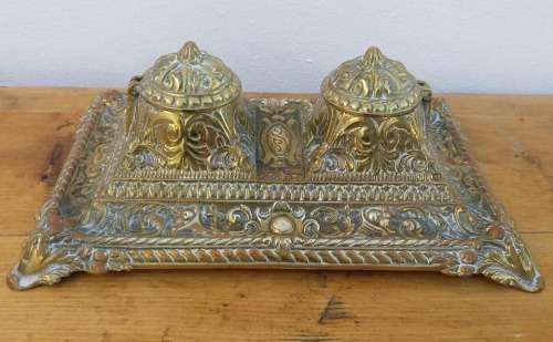 FABULOUS ART NOUVEAU DOUBLE INKWELL....COMPLETE AND MARKED