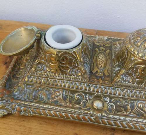 FABULOUS ART NOUVEAU DOUBLE INKWELL....COMPLETE AND MARKED