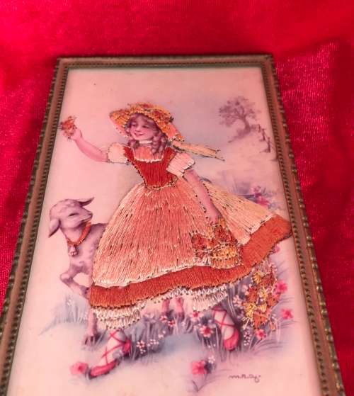 VINTAGE FRAMED EMBROIDERED `MARY HAD A LITTLE LAMB`