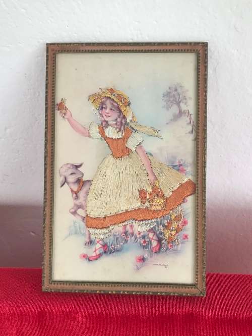 VINTAGE FRAMED EMBROIDERED `MARY HAD A LITTLE LAMB`