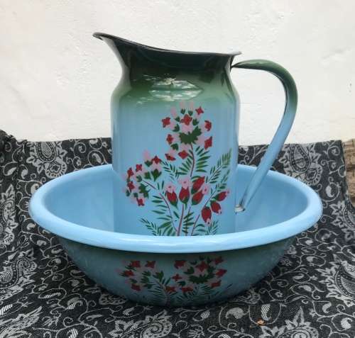 VINTAGE ENAMEL JUG and BASIN made in CZECHOSLAVAKIA