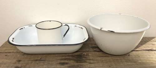 ENAMEL PIE DISH, MIXING BOWL and MUG