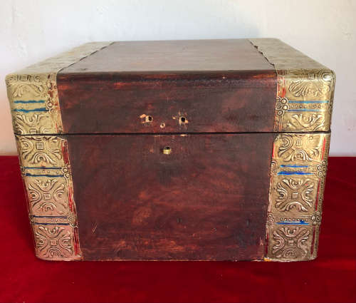 WOODEN BOX WITH PATTERNED TIN TRIM