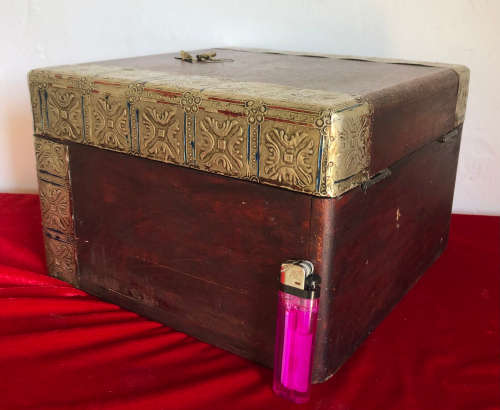 WOODEN BOX WITH PATTERNED TIN TRIM