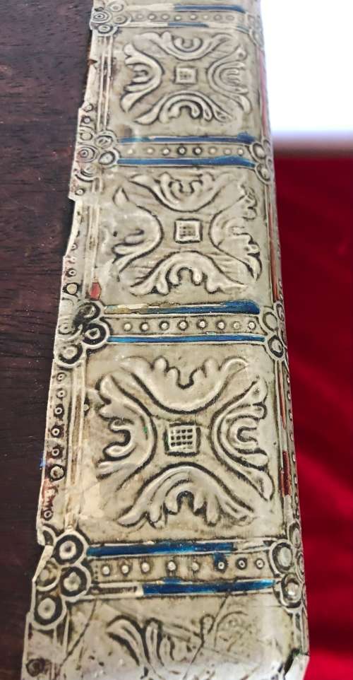 WOODEN BOX WITH PATTERNED TIN TRIM