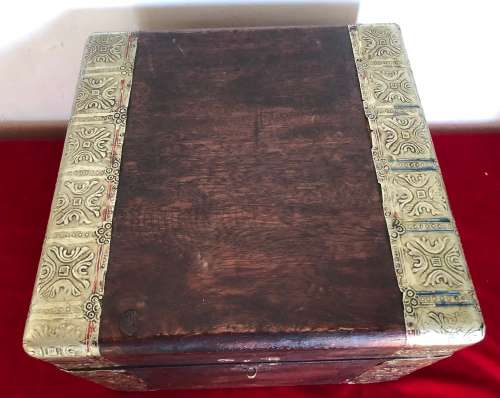 WOODEN BOX WITH PATTERNED TIN TRIM
