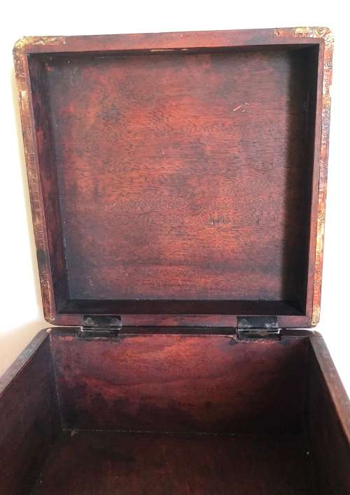 WOODEN BOX WITH PATTERNED TIN TRIM