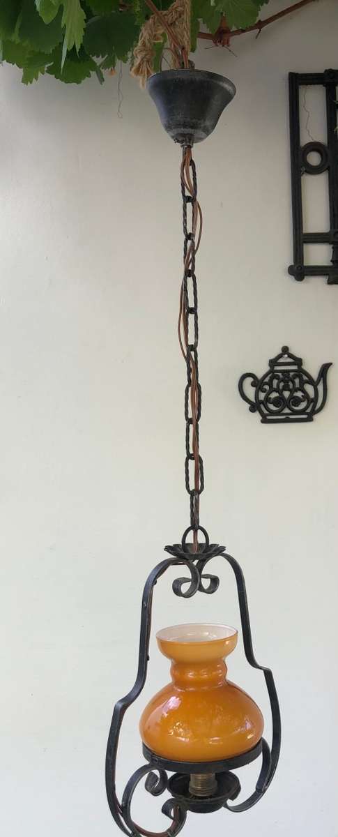 WROUGHT IRON WITH GLASS SHADE HANGING LIGHT