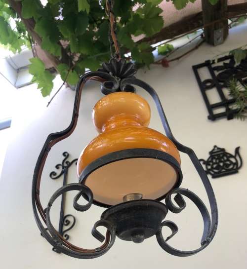 WROUGHT IRON WITH GLASS SHADE HANGING LIGHT