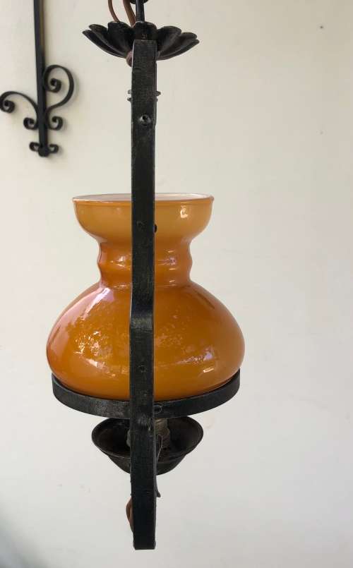 WROUGHT IRON WITH GLASS SHADE HANGING LIGHT