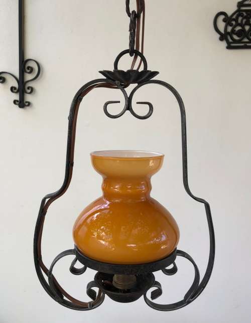 WROUGHT IRON WITH GLASS SHADE HANGING LIGHT