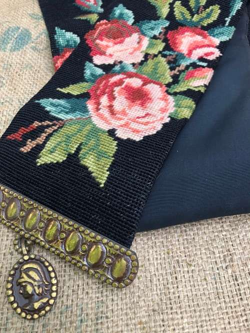 VICTORIAN NEEDLEPOINT BELL PULL WITH BRASS HANGERS