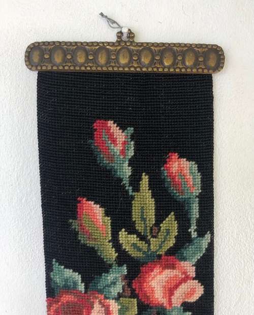 VICTORIAN NEEDLEPOINT BELL PULL WITH BRASS HANGERS