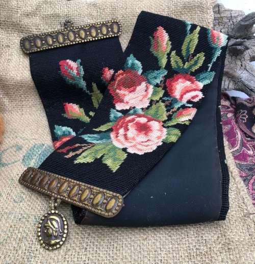 VICTORIAN NEEDLEPOINT BELL PULL WITH BRASS HANGERS