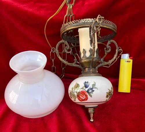 HANGING SCONCE CHANDELIER - brass with porcelain body and glass shade