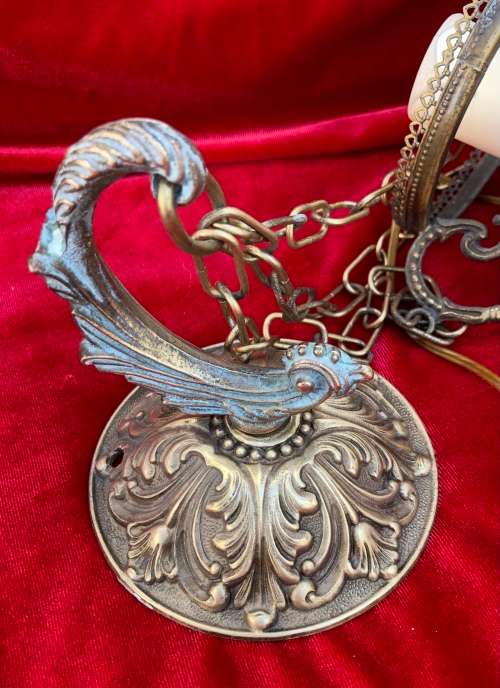 HANGING SCONCE CHANDELIER - brass with porcelain body and glass shade