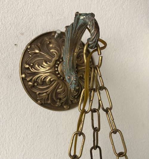 HANGING SCONCE CHANDELIER - brass with porcelain body and glass shade