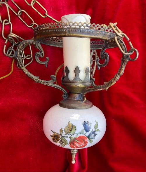 HANGING SCONCE CHANDELIER - brass with porcelain body and glass shade