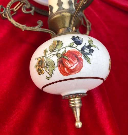 HANGING SCONCE CHANDELIER - brass with porcelain body and glass shade