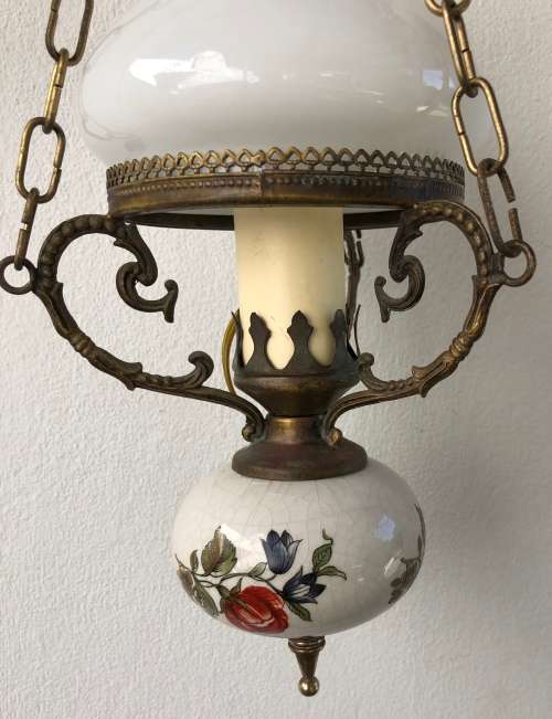 HANGING SCONCE CHANDELIER - brass with porcelain body and glass shade