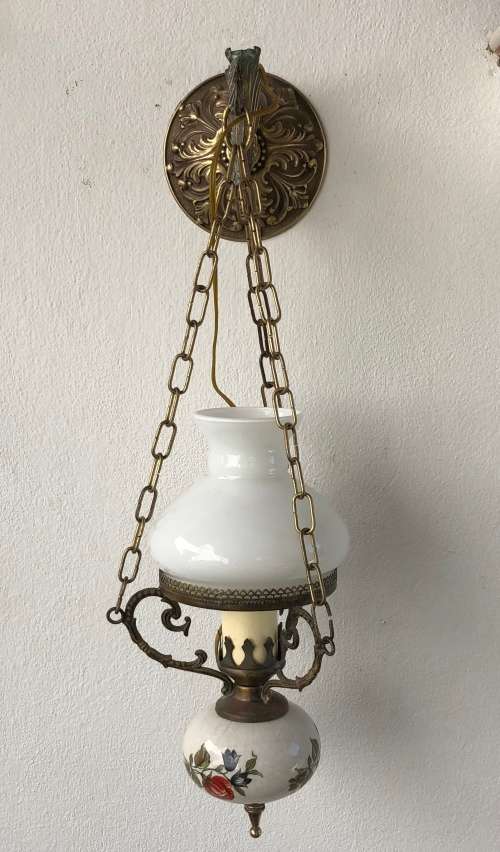 HANGING SCONCE CHANDELIER - brass with porcelain body and glass shade