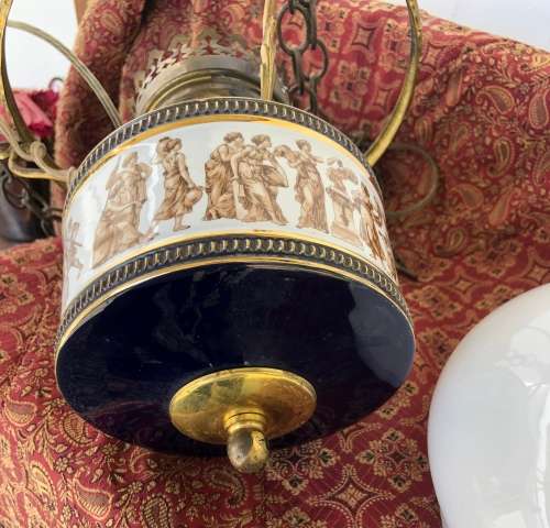 ITALIAN HANGING PENDANT LIGHT Porcelain base, brass frame with glass shade