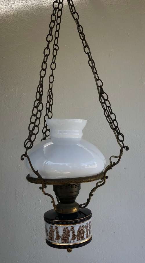 ITALIAN HANGING PENDANT LIGHT Porcelain base, brass frame with glass shade