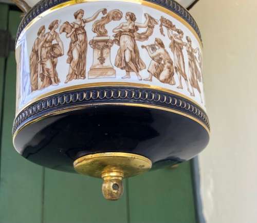 ITALIAN HANGING PENDANT LIGHT Porcelain base, brass frame with glass shade