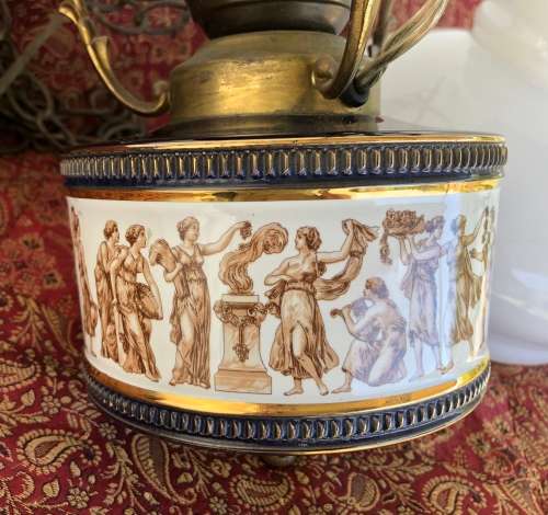 ITALIAN HANGING PENDANT LIGHT Porcelain base, brass frame with glass shade