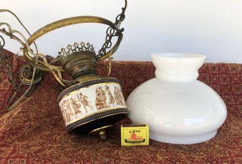 ITALIAN HANGING PENDANT LIGHT Porcelain base, brass frame with glass shade