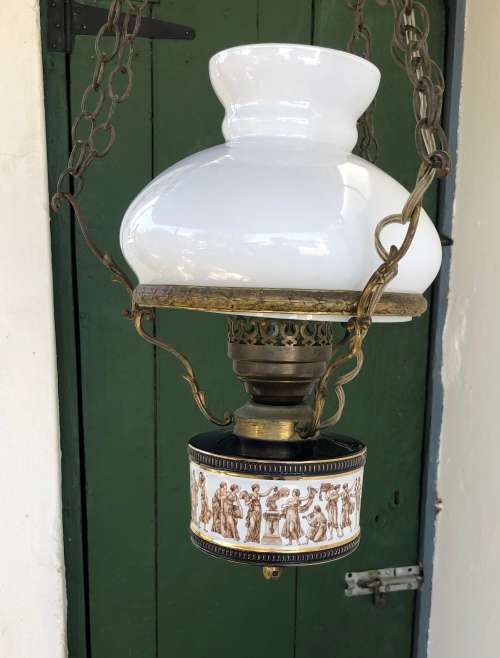 ITALIAN HANGING PENDANT LIGHT Porcelain base, brass frame with glass shade