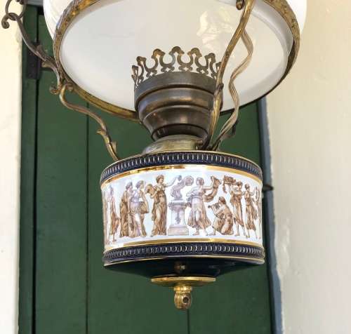 ITALIAN HANGING PENDANT LIGHT Porcelain base, brass frame with glass shade