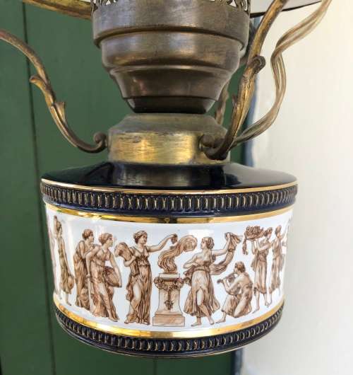 ITALIAN HANGING PENDANT LIGHT Porcelain base, brass frame with glass shade