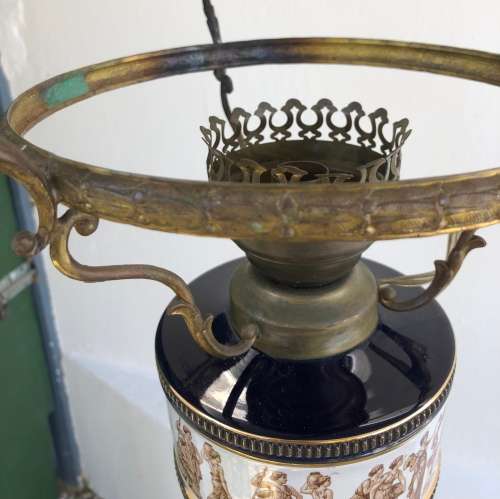 ITALIAN HANGING PENDANT LIGHT Porcelain base, brass frame with glass shade