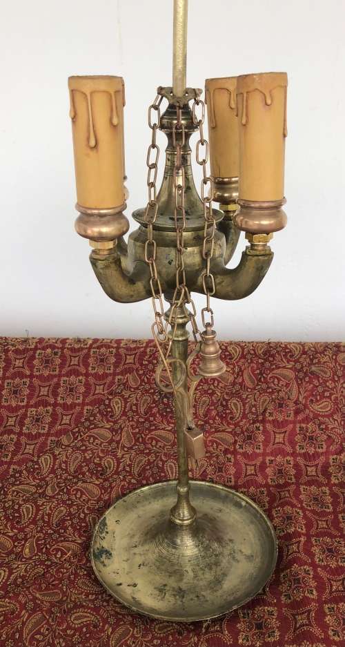 ANTIQUE BRASS CANDELABRA  & SNUFFER - originally an oil lamp