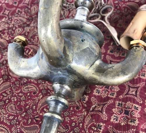 ANTIQUE BRASS CANDELABRA  & SNUFFER - originally an oil lamp