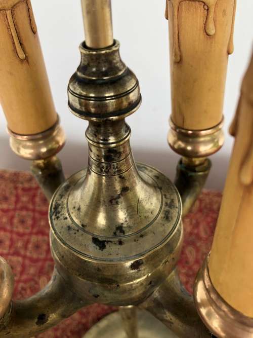ANTIQUE BRASS CANDELABRA  & SNUFFER - originally an oil lamp