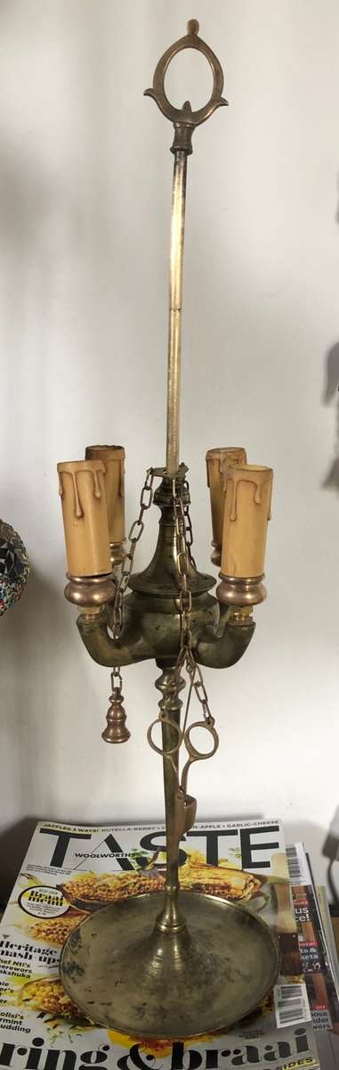 ANTIQUE BRASS CANDELABRA  & SNUFFER - originally an oil lamp
