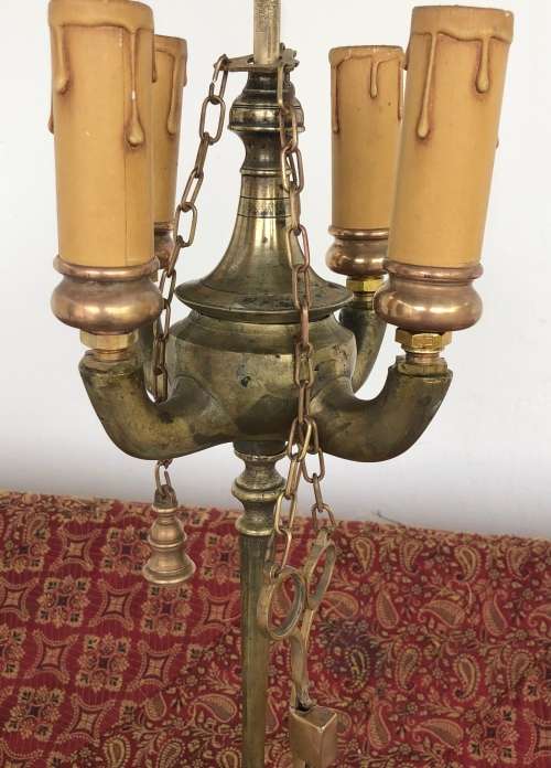 ANTIQUE BRASS CANDELABRA  & SNUFFER - originally an oil lamp