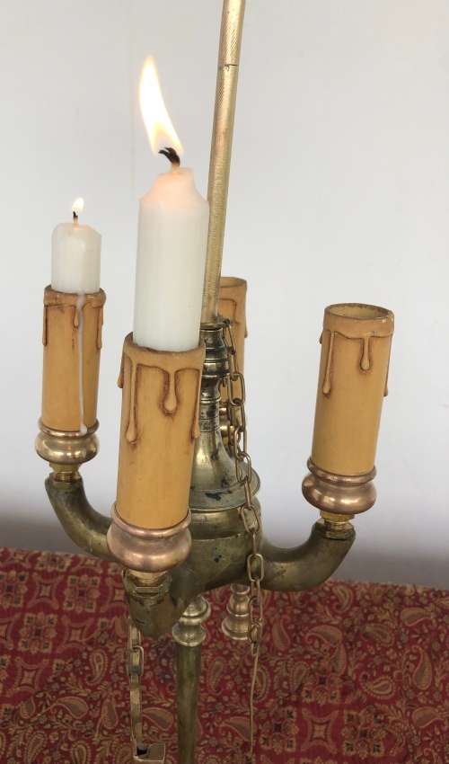 ANTIQUE BRASS CANDELABRA  & SNUFFER - originally an oil lamp
