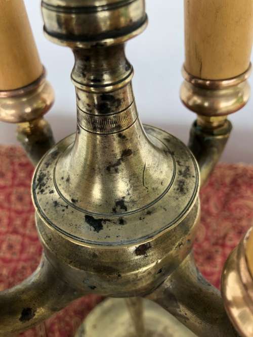 ANTIQUE BRASS CANDELABRA  & SNUFFER - originally an oil lamp