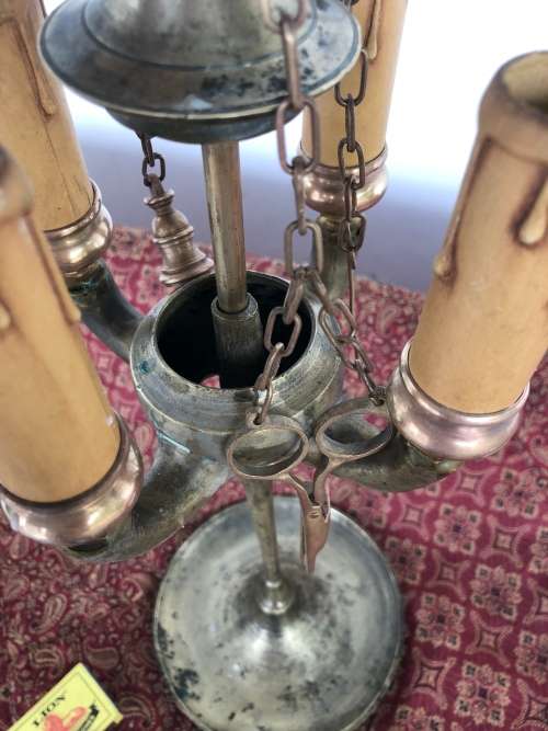 ANTIQUE BRASS CANDELABRA  & SNUFFER - originally an oil lamp