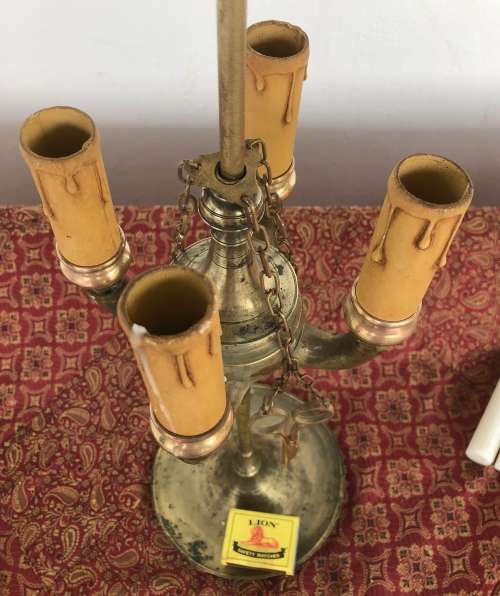 ANTIQUE BRASS CANDELABRA  & SNUFFER - originally an oil lamp