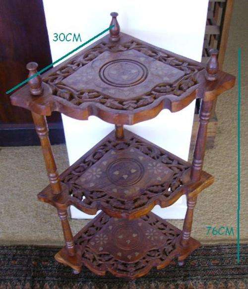 CARVED WHATNOT STAND/SHELVES WITH BRASS INLAY