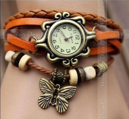 Fashion Classic Elegant Leather Strap Quartz Woman Watch Ancient Roma Number Dial Butterfly Pendant